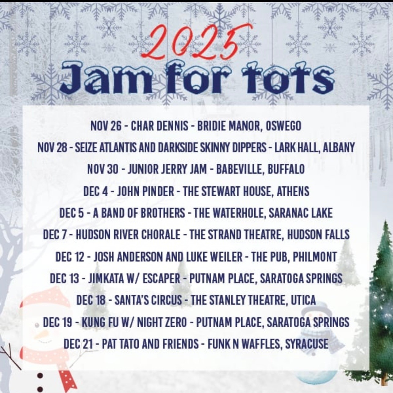 2025 Jam for Tots concert schedule, listing event dates, artists, and venues across New York from November 26 to December 21.
